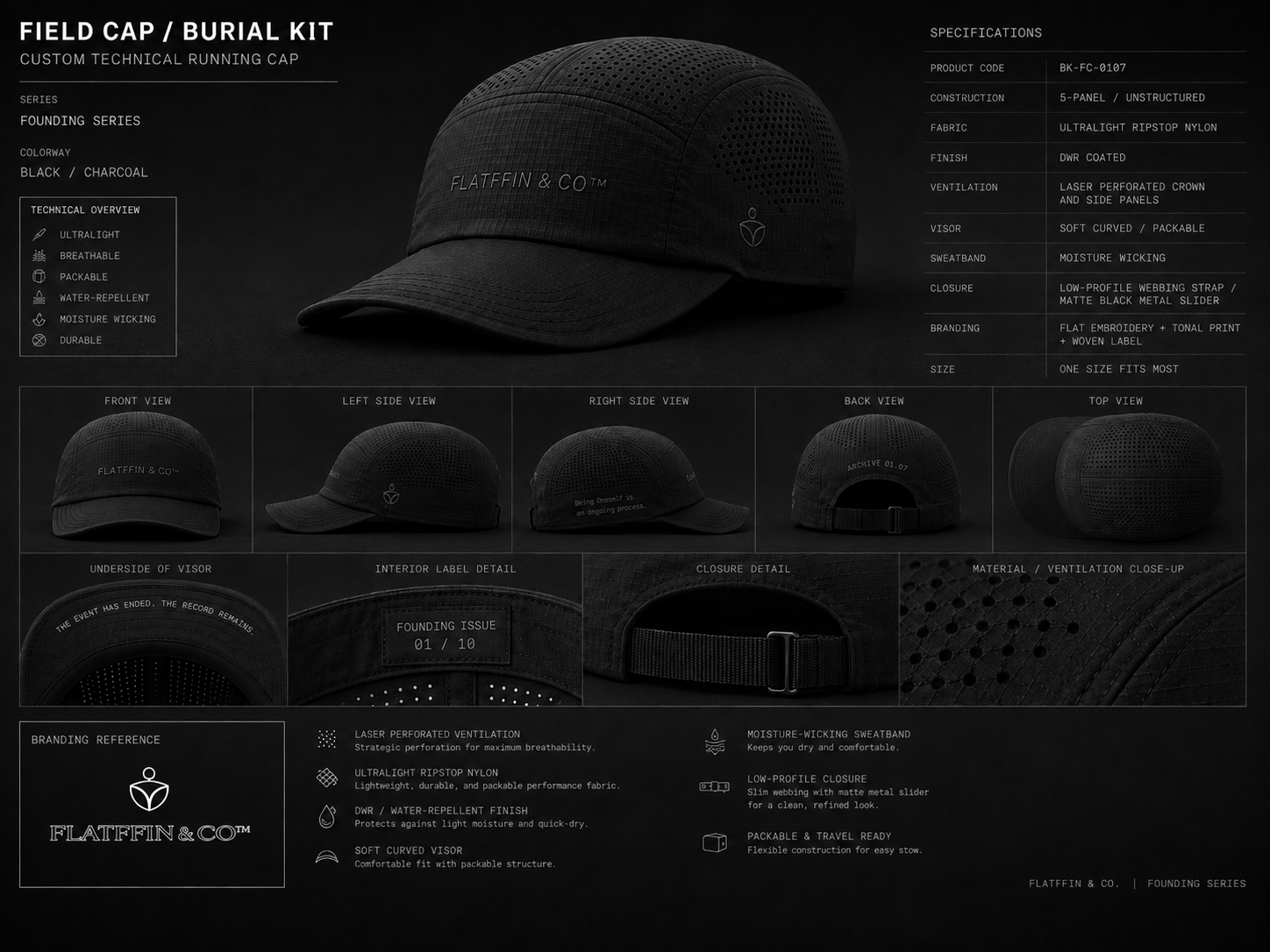 Black five-panel technical Field Cap with laser-perforated ventilation and tonal Flatffin markings
