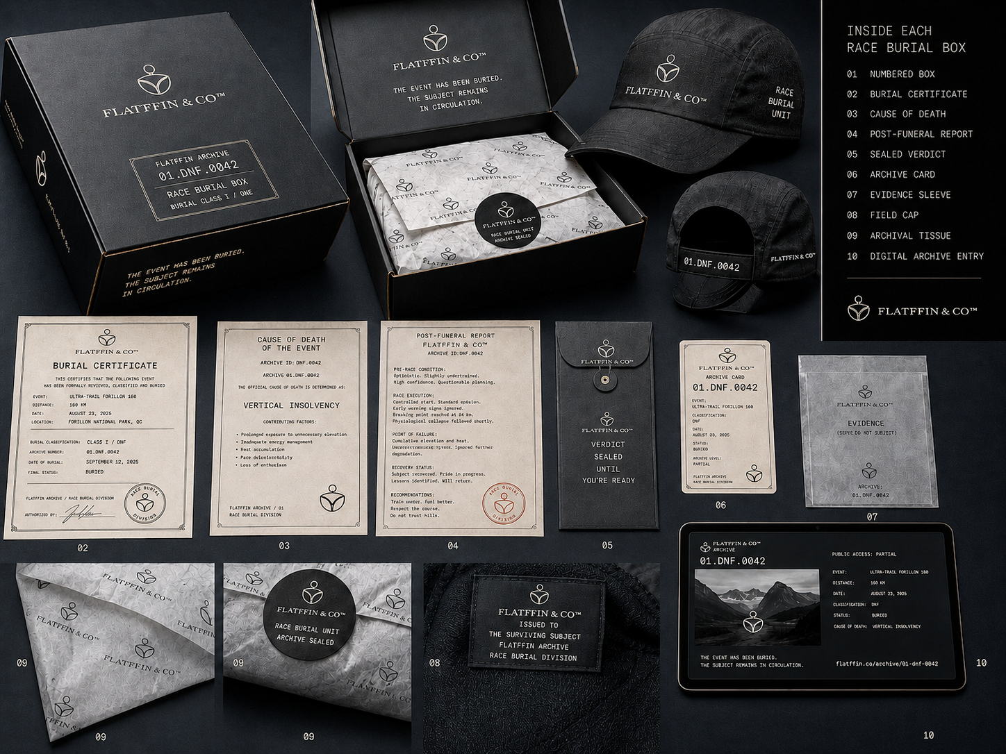 Race Burial Box with numbered box, archival documents, evidence sleeve and Field Cap